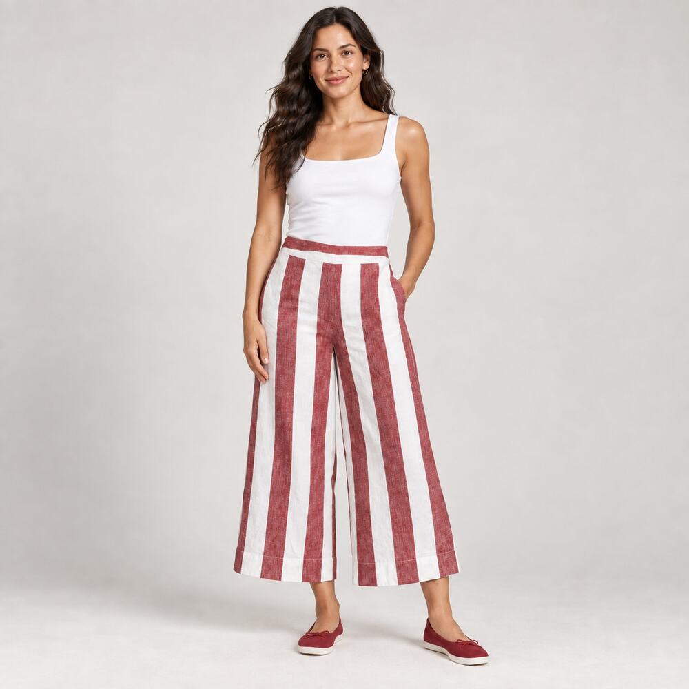 Madewell Pants WMNS XS Red White Stripe Huston Wide Leg Crop Linen Coastal Prep